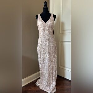 Sue Wong V-Neck Embroidery & Bead Overlay Formal Gown Antique Champagne Size 12